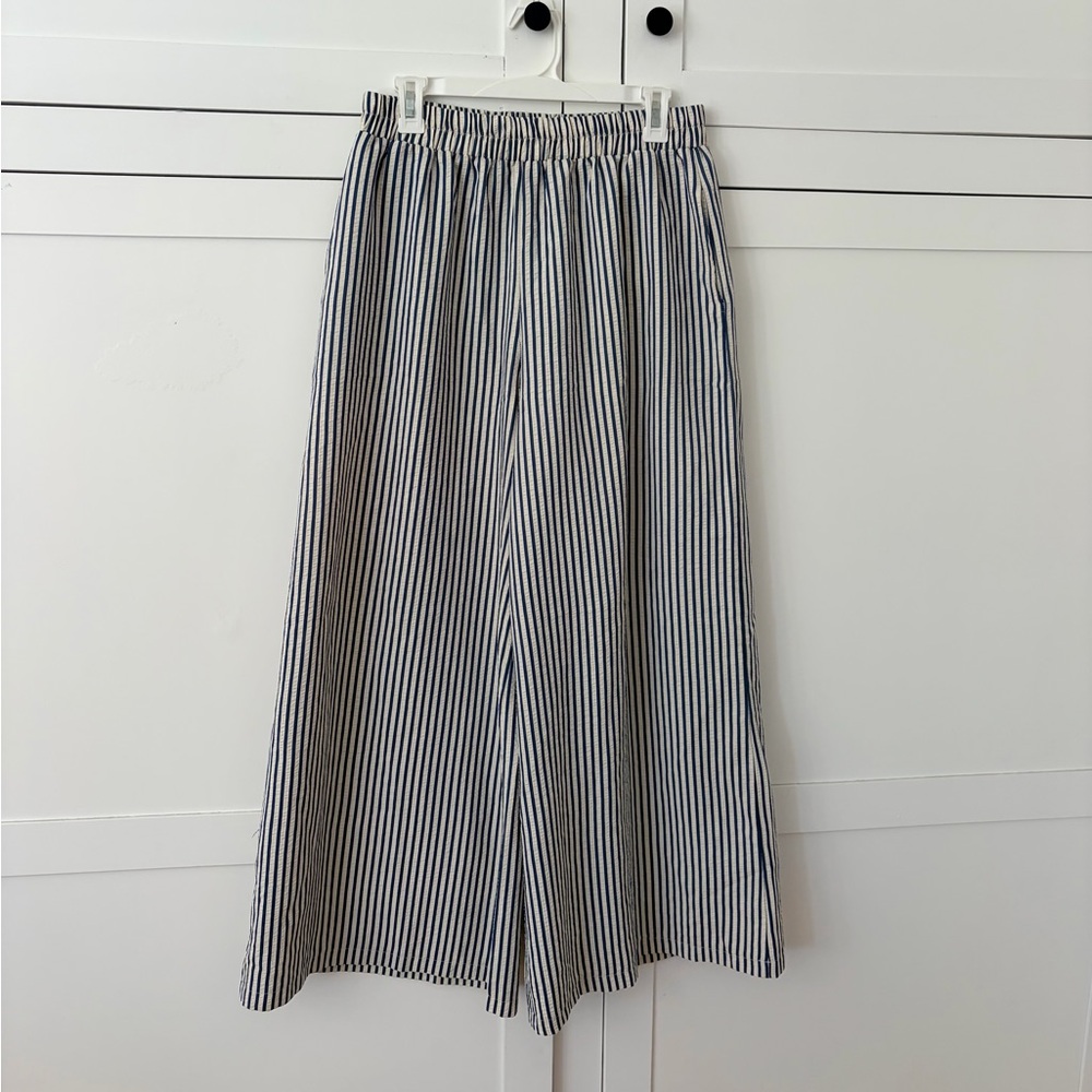 Blue Pinstripe Seersuckere Pocket Pull On Wide Leg Pants Size XL